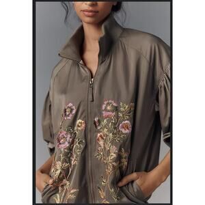 NEW By Anthropologie Floral Embroidered Oversized Bomber Jacket Size US 6